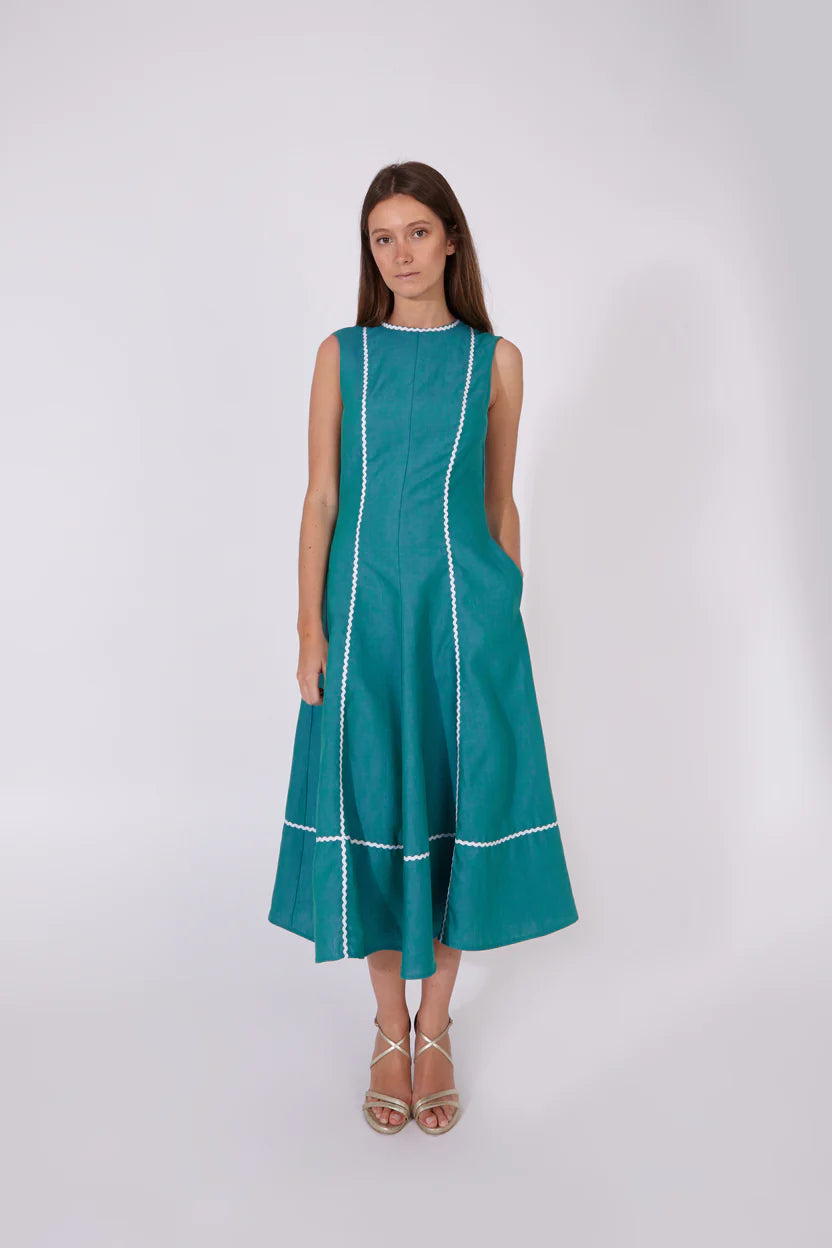 Vestido Kasauli Jacquard Turquesa 100% Lino