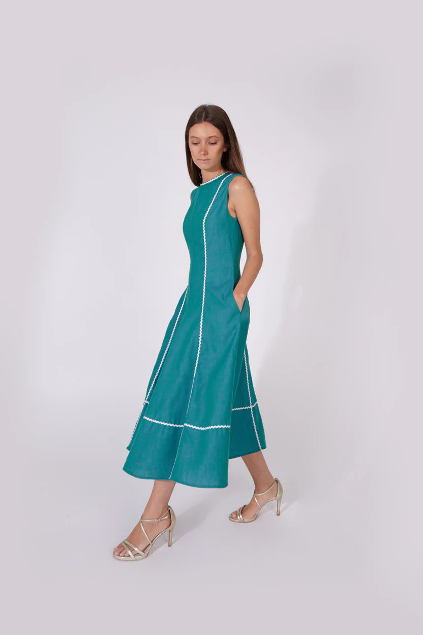 Vestido Kasauli Jacquard Turquesa 100% Lino