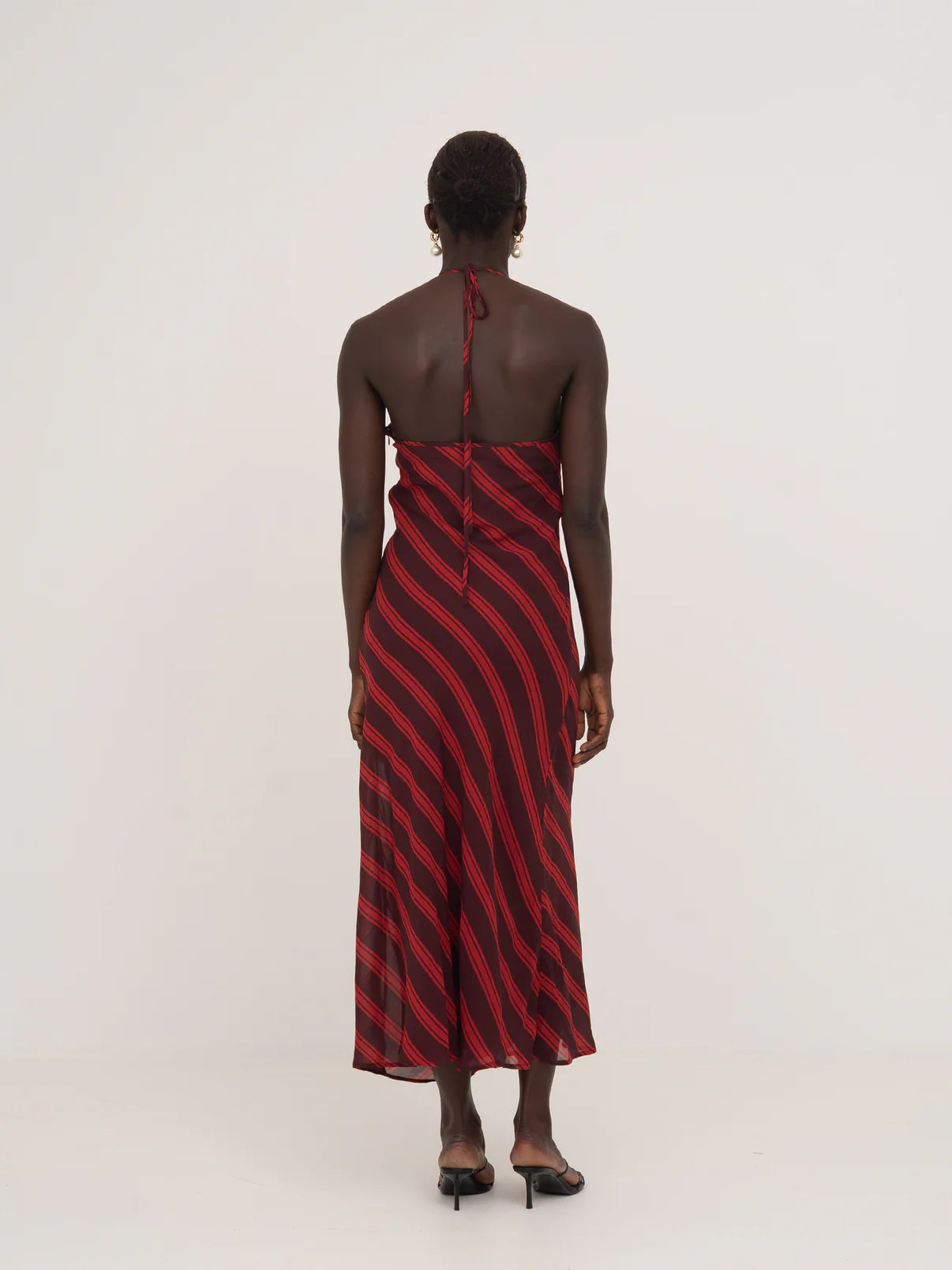 WHISPERED STRIPED BURGUNDY AND RED LONG OCCASION DRESS