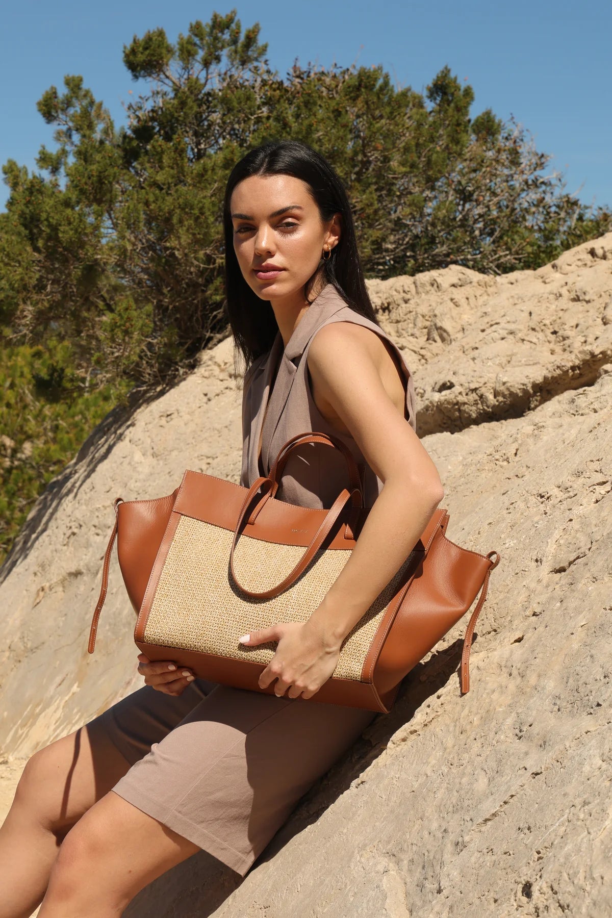 Shopping Bag Caramel Rafia/Piel