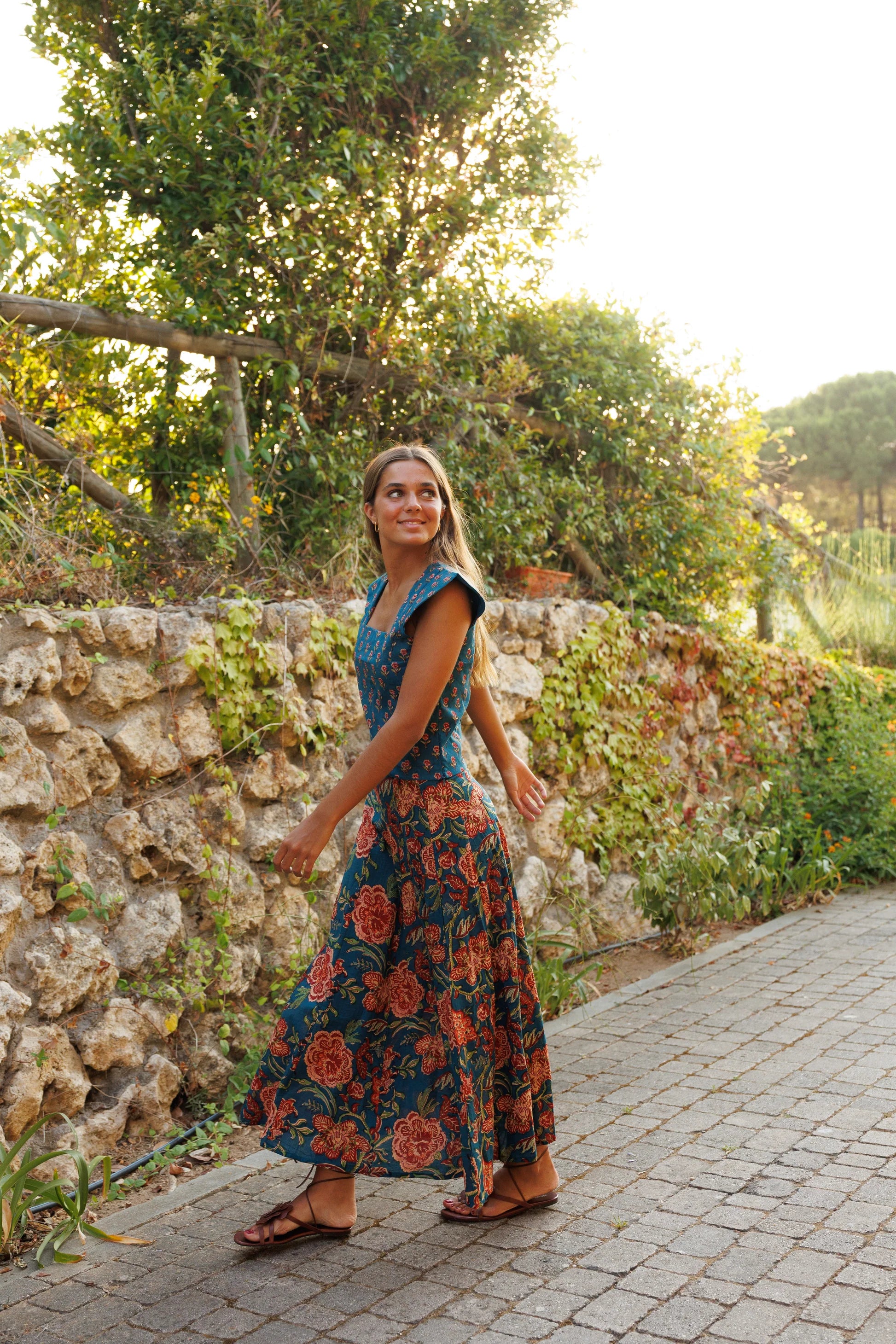 Falda Estampada Algodón Azul Petróleo