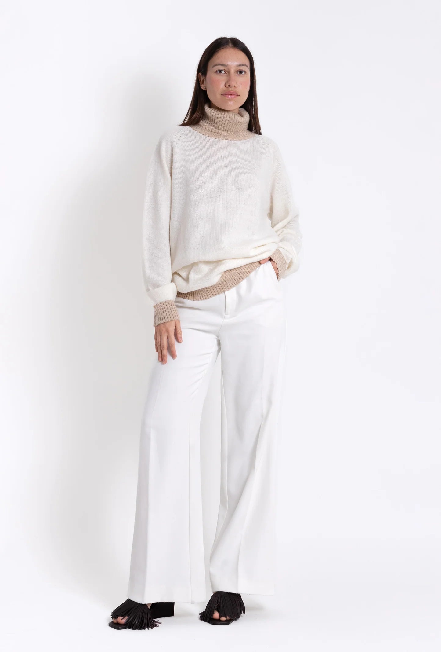 Turtle Neck Sweater: Off White & Camel