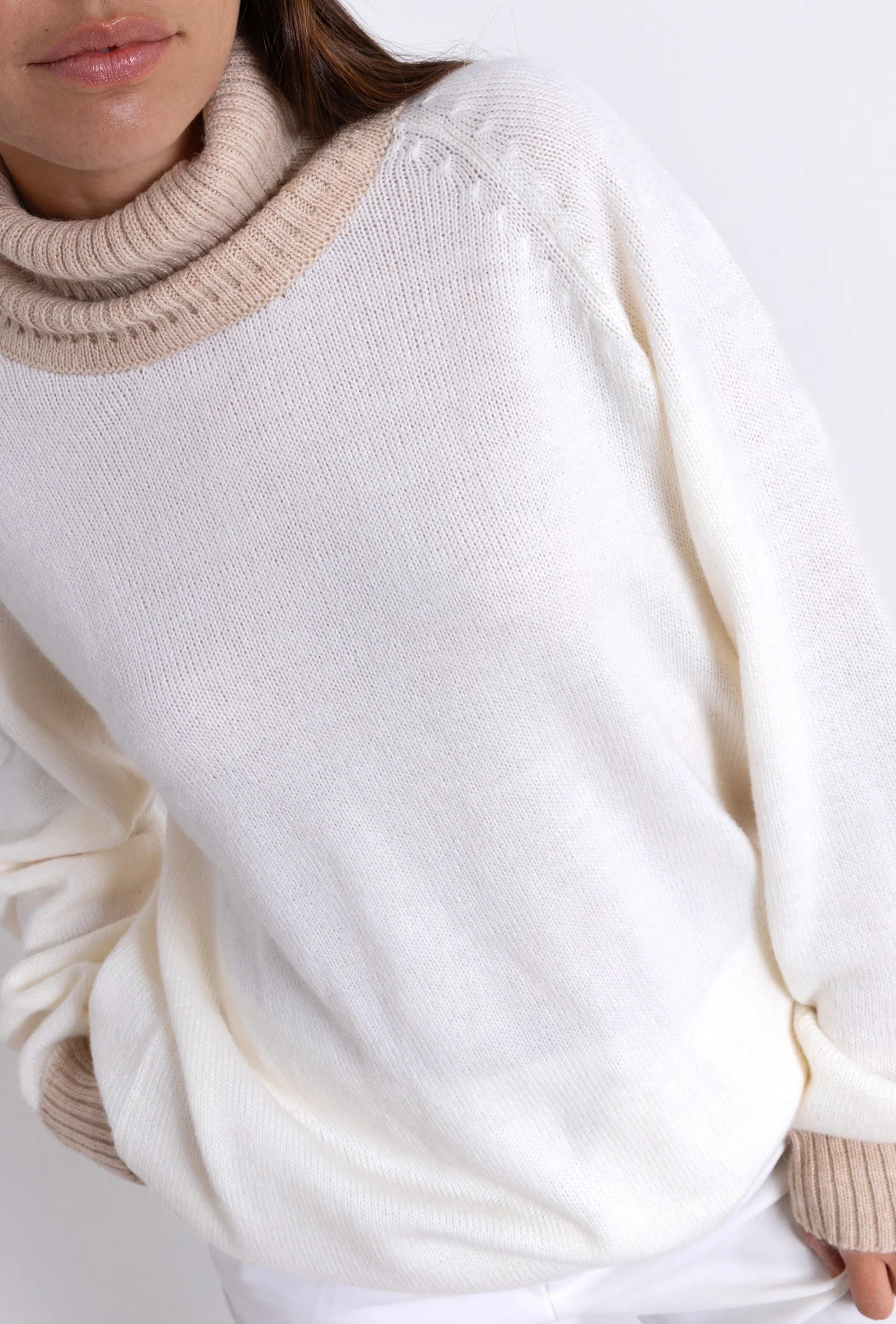 Turtle Neck Sweater: Off White & Camel