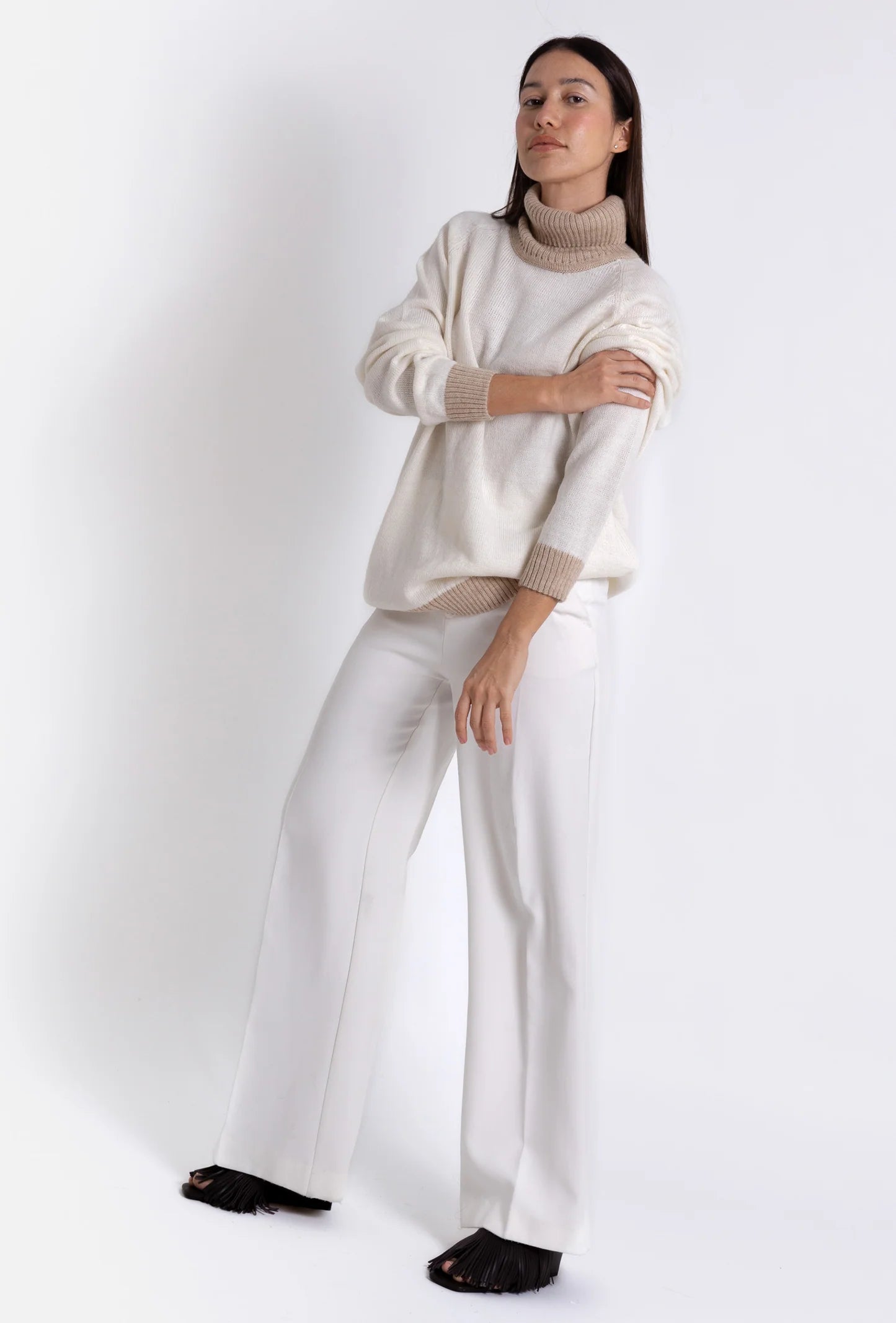 Turtle Neck Sweater: Off White & Camel
