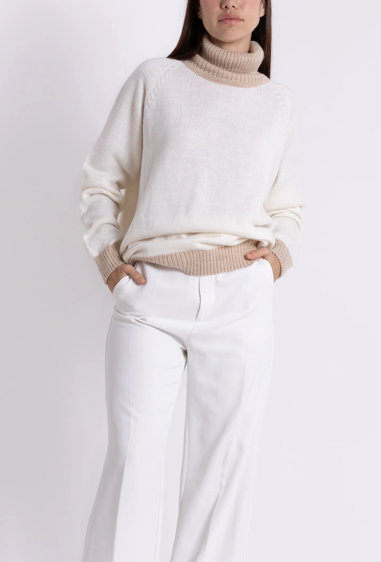 Turtle Neck Sweater: Off White & Camel