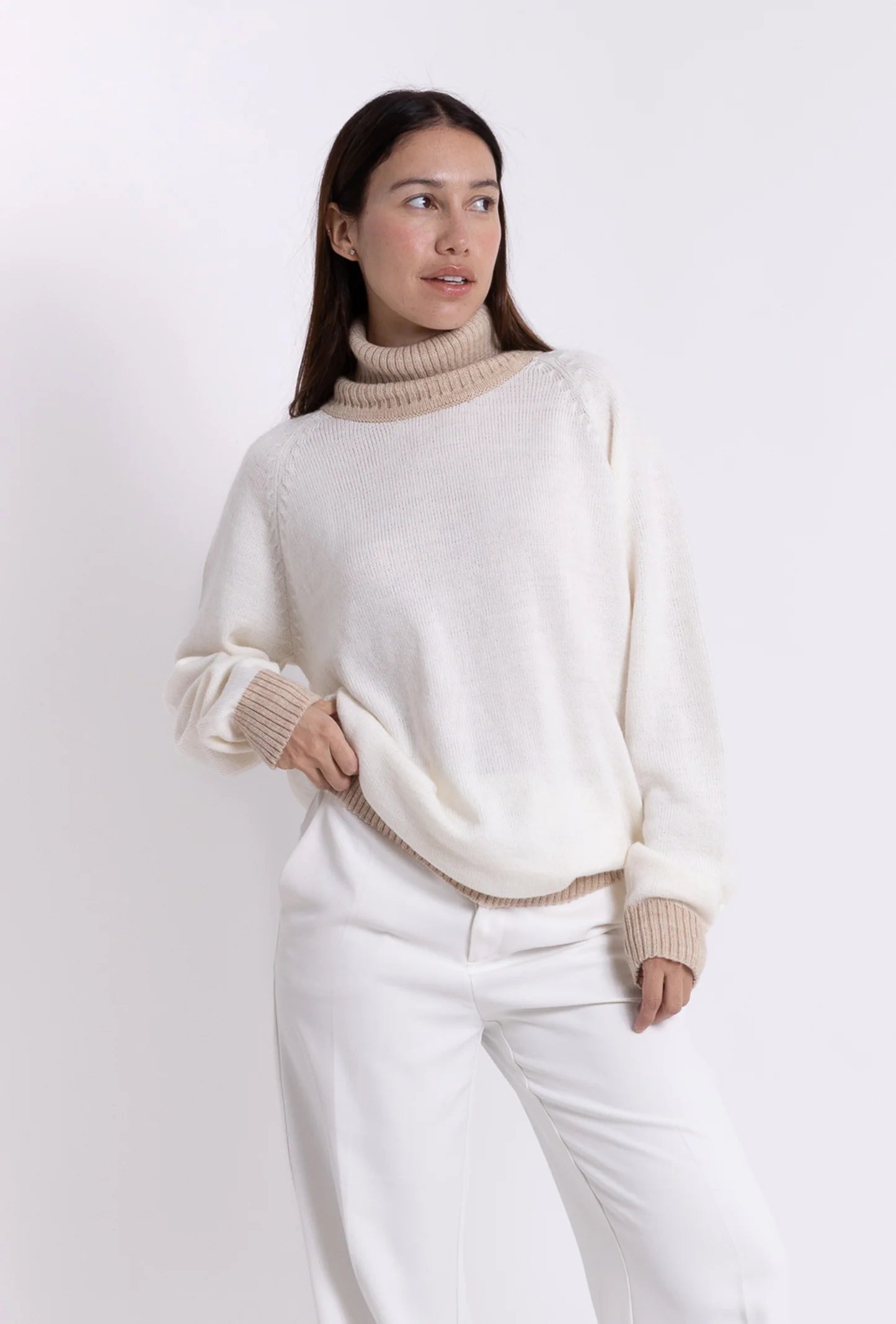 Turtle Neck Sweater: Off White & Camel