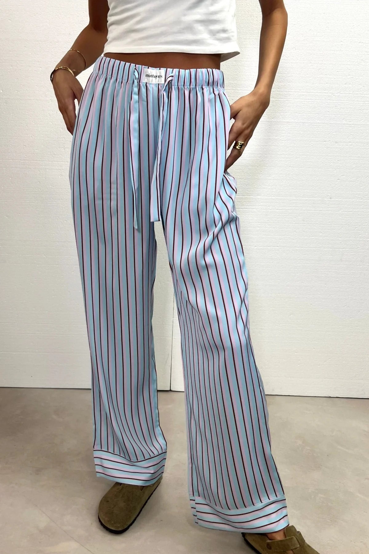 Alex Satin Long Pants Light Blue Stripes