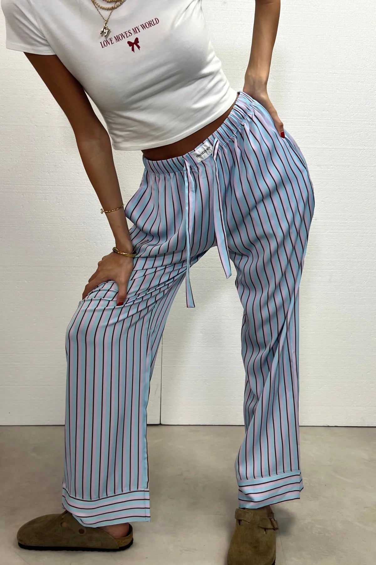 Alex Satin Long Pants Light Blue Stripes