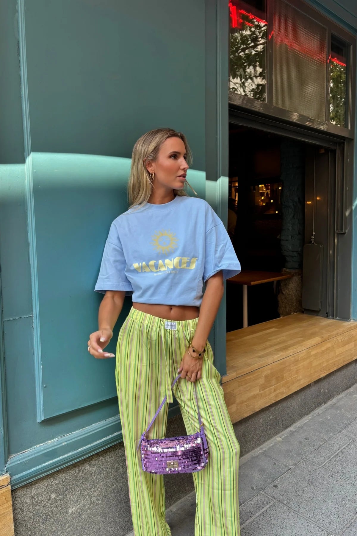 Gabrielle Satin Long Pants Yellow Stripes