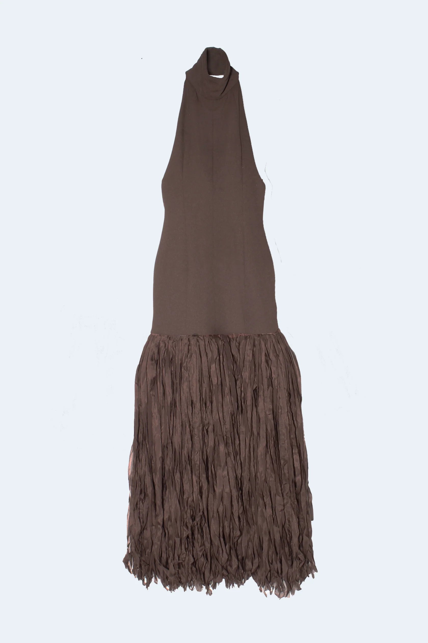 Vestido Halterofilia Marrón Con Flecos de Seda
