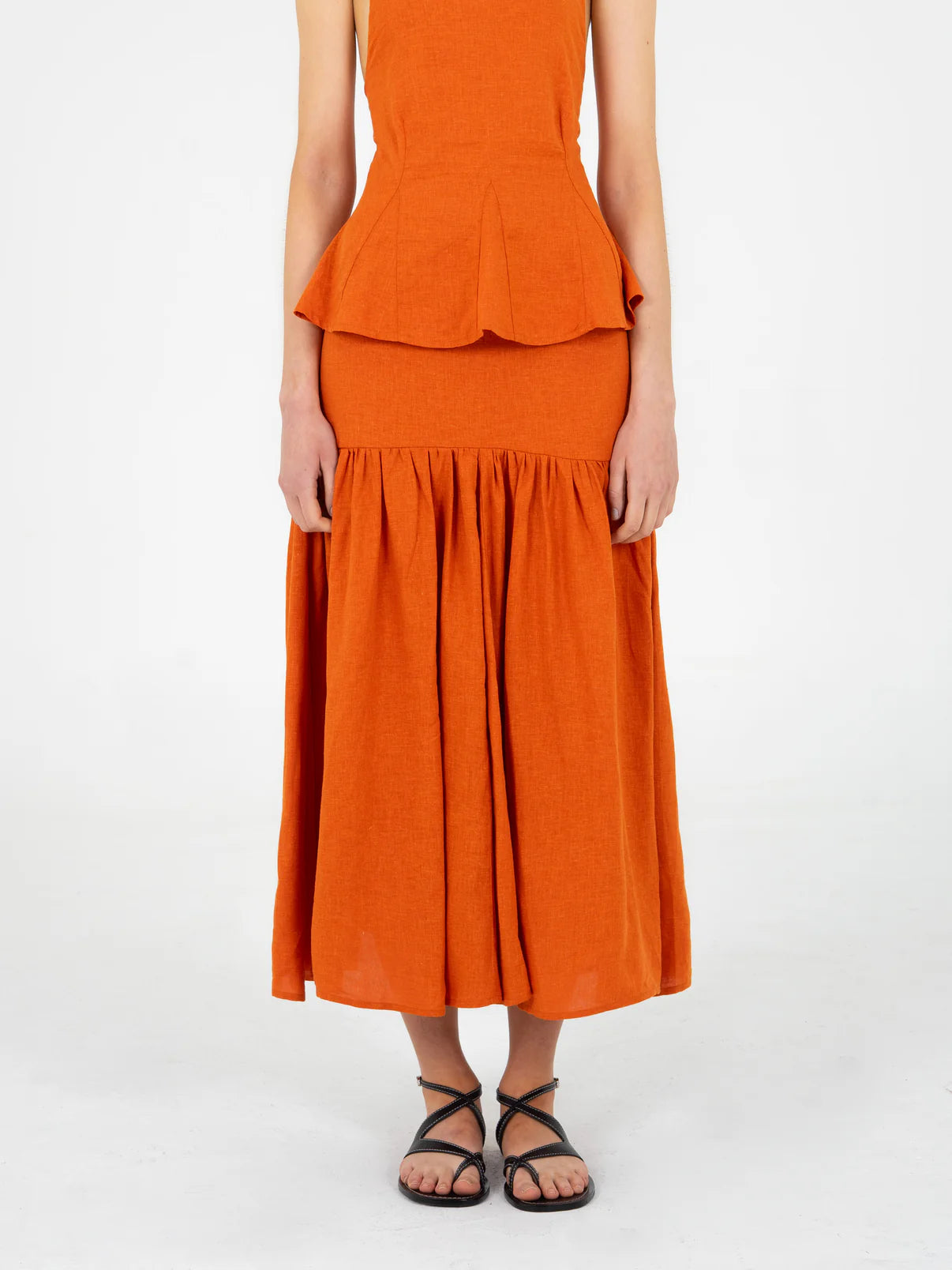 LEO TERRACOTTA LINEN MIDI SKIRT