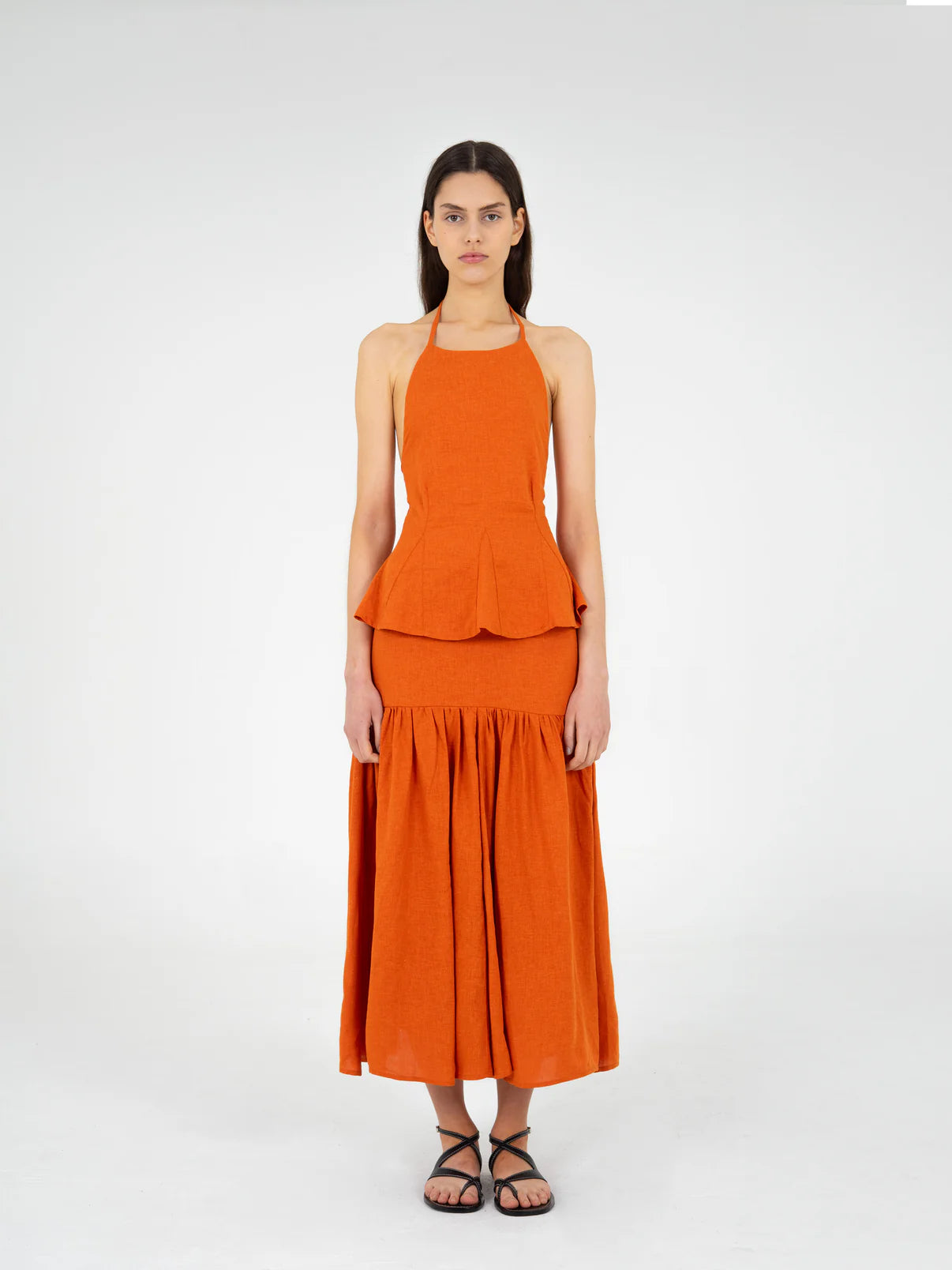 LEO TERRACOTTA LINEN MIDI SKIRT