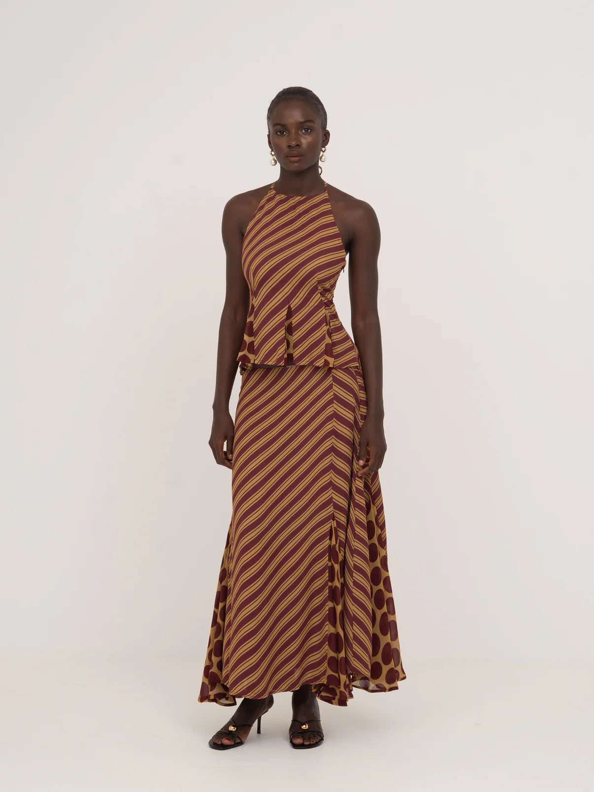 IMMORTAL BURGUNDY AND YELLOW CONTRAST STRIPES AND POLKA DOT OCCASION SKIRT