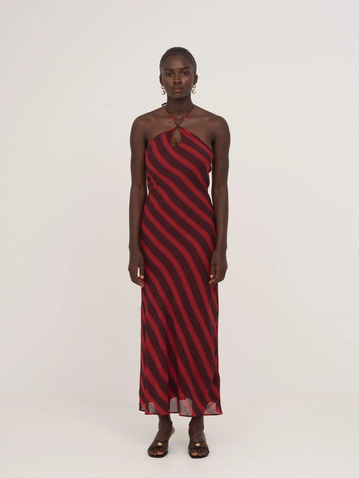 WHISPERED STRIPED BURGUNDY AND RED LONG OCCASION DRESS