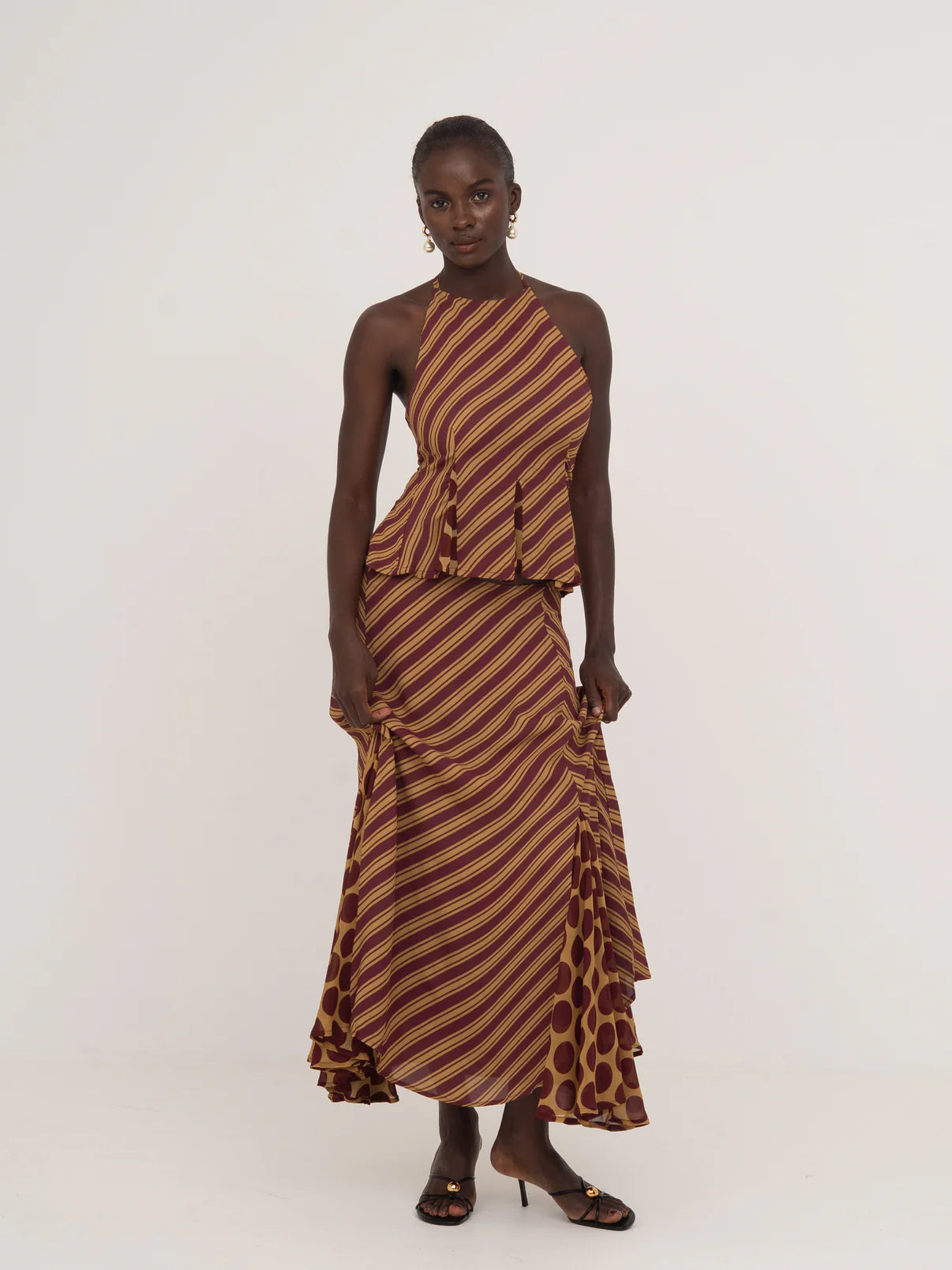IMMORTAL BURGUNDY AND YELLOW CONTRAST STRIPES AND POLKA DOT OCCASION TOP