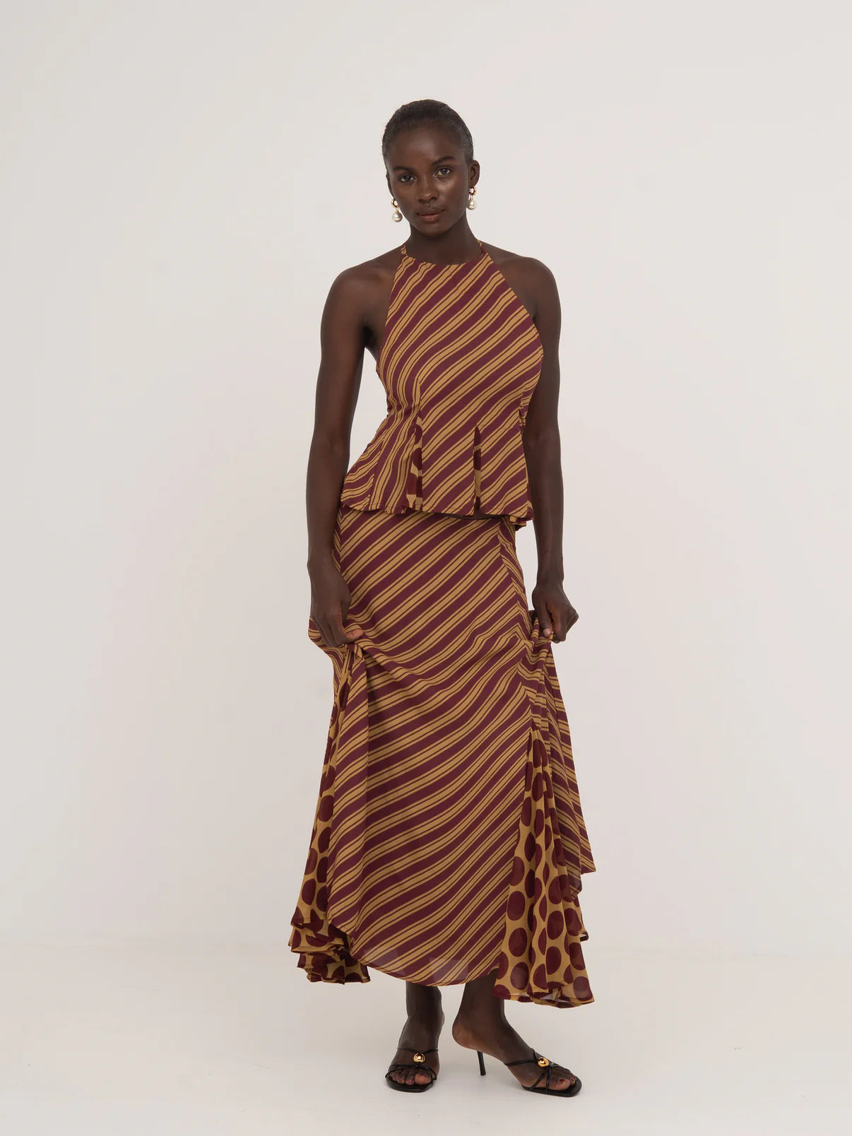 IMMORTAL BURGUNDY AND YELLOW CONTRAST STRIPES AND POLKA DOT OCCASION SKIRT
