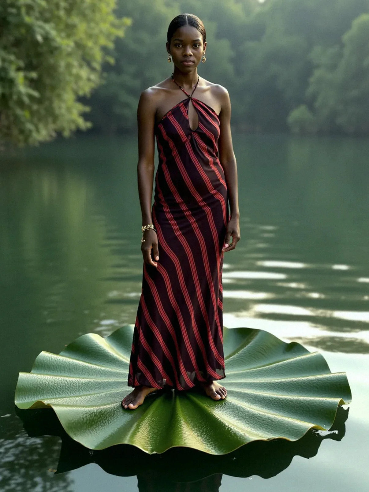 WHISPERED STRIPED BURGUNDY AND RED LONG OCCASION DRESS