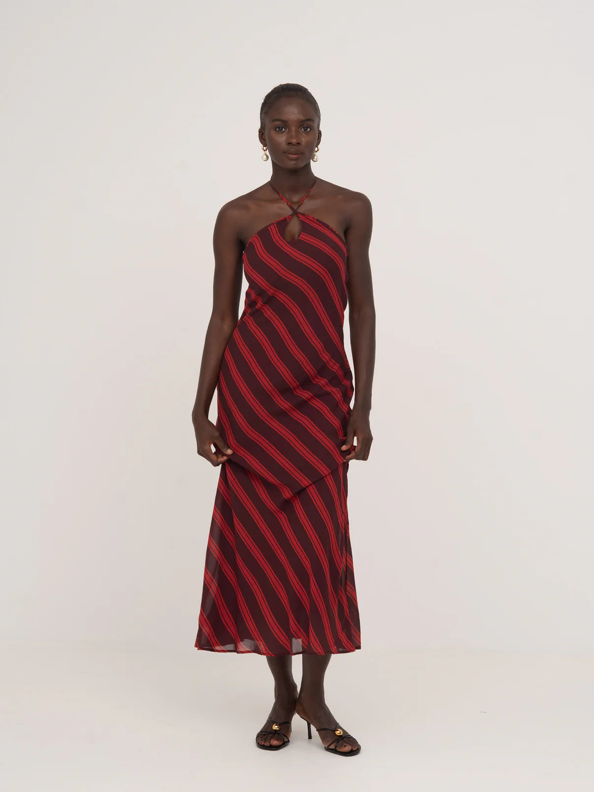 WHISPERED STRIPED BURGUNDY AND RED LONG OCCASION DRESS