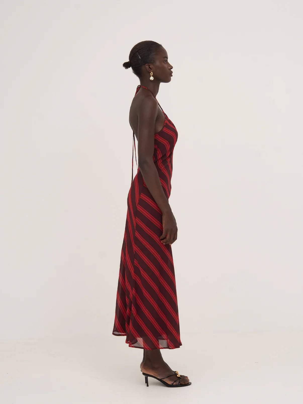 WHISPERED STRIPED BURGUNDY AND RED LONG OCCASION DRESS
