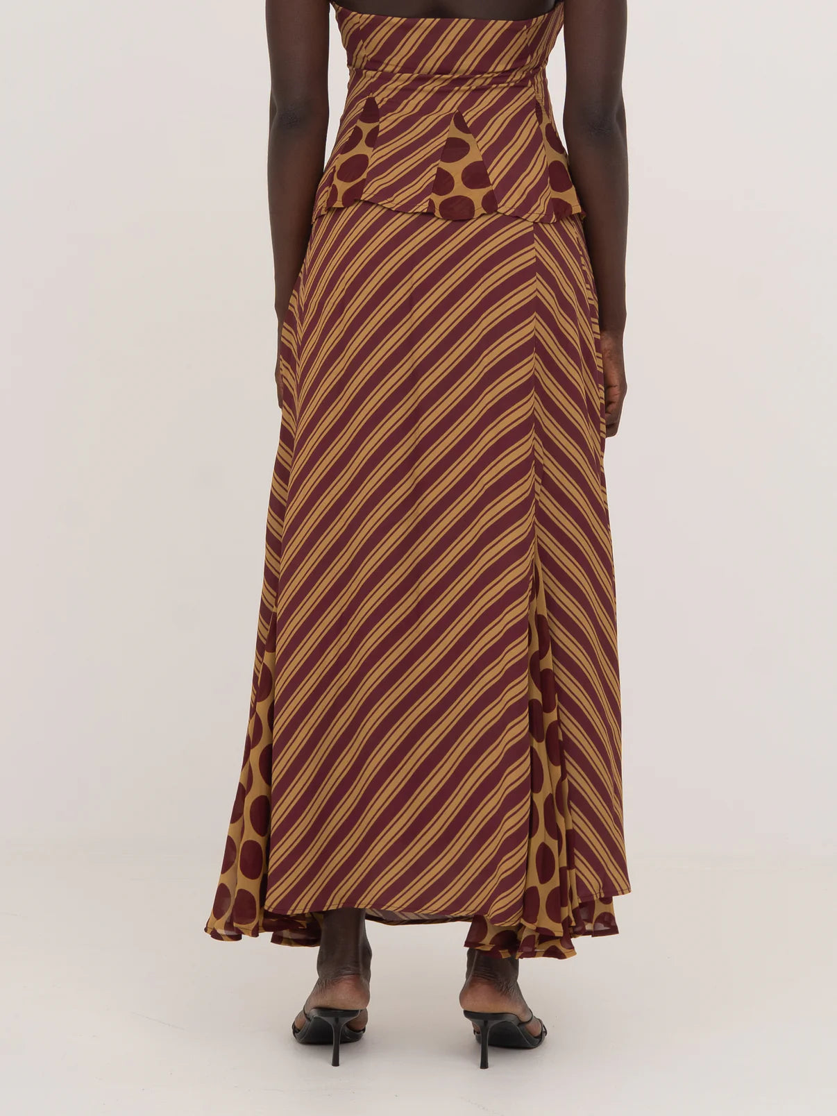 IMMORTAL BURGUNDY AND YELLOW CONTRAST STRIPES AND POLKA DOT OCCASION SKIRT