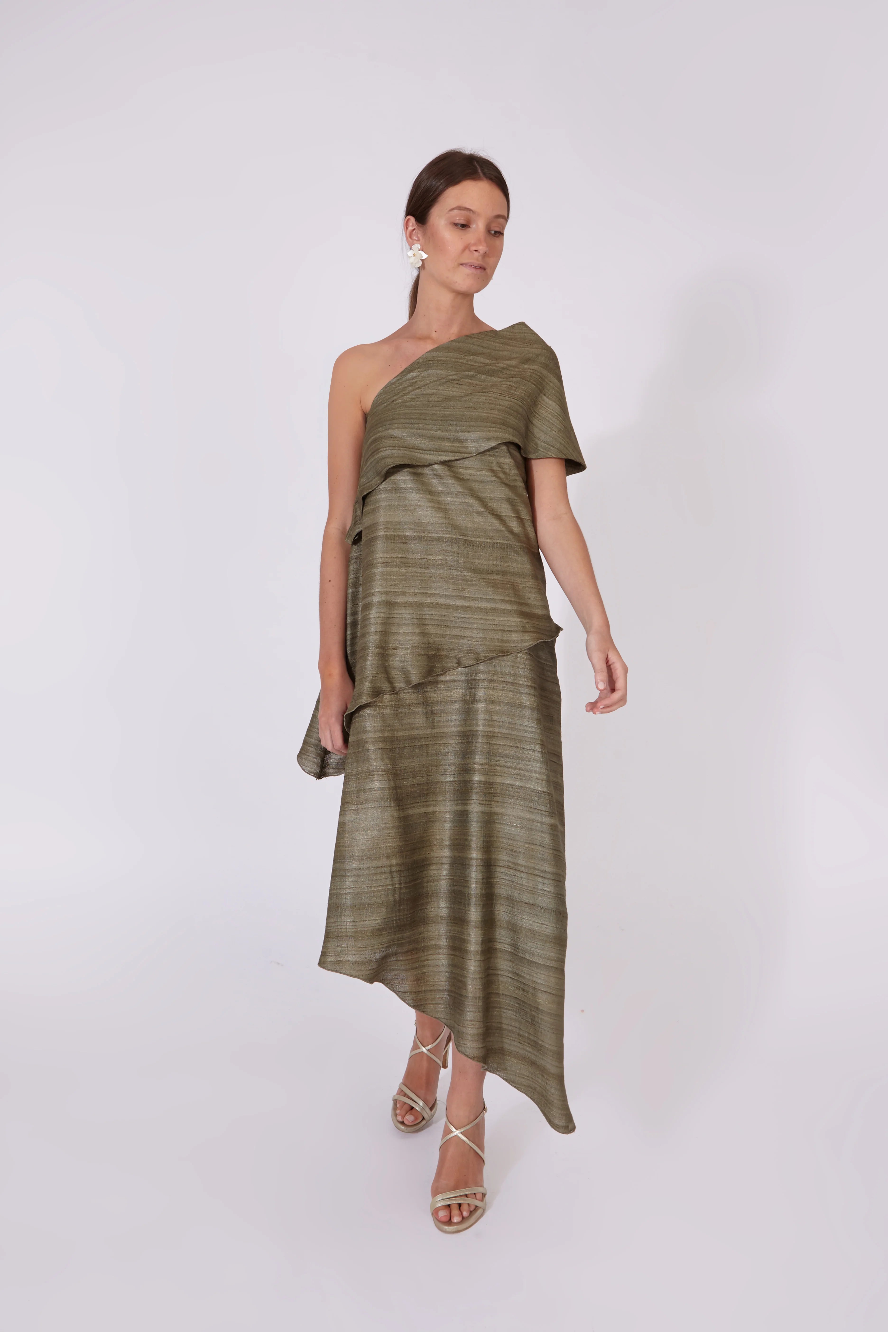 Vestido Chanderi Verde Topo 100% Seda