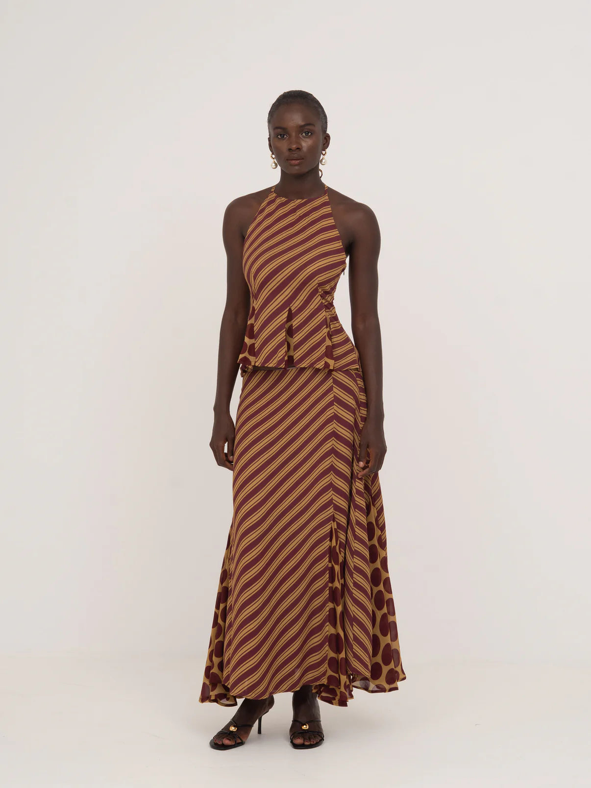 IMMORTAL BURGUNDY AND YELLOW CONTRAST STRIPES AND POLKA DOT OCCASION TOP