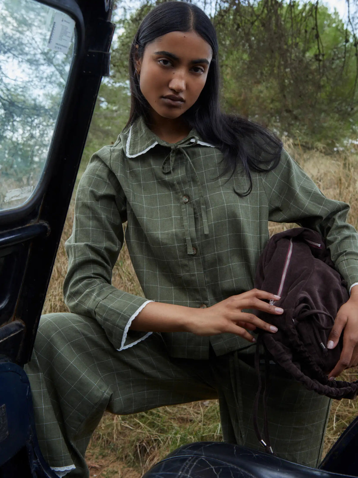 BETTY PLAID GREEN AND WHITE LONG PANTS