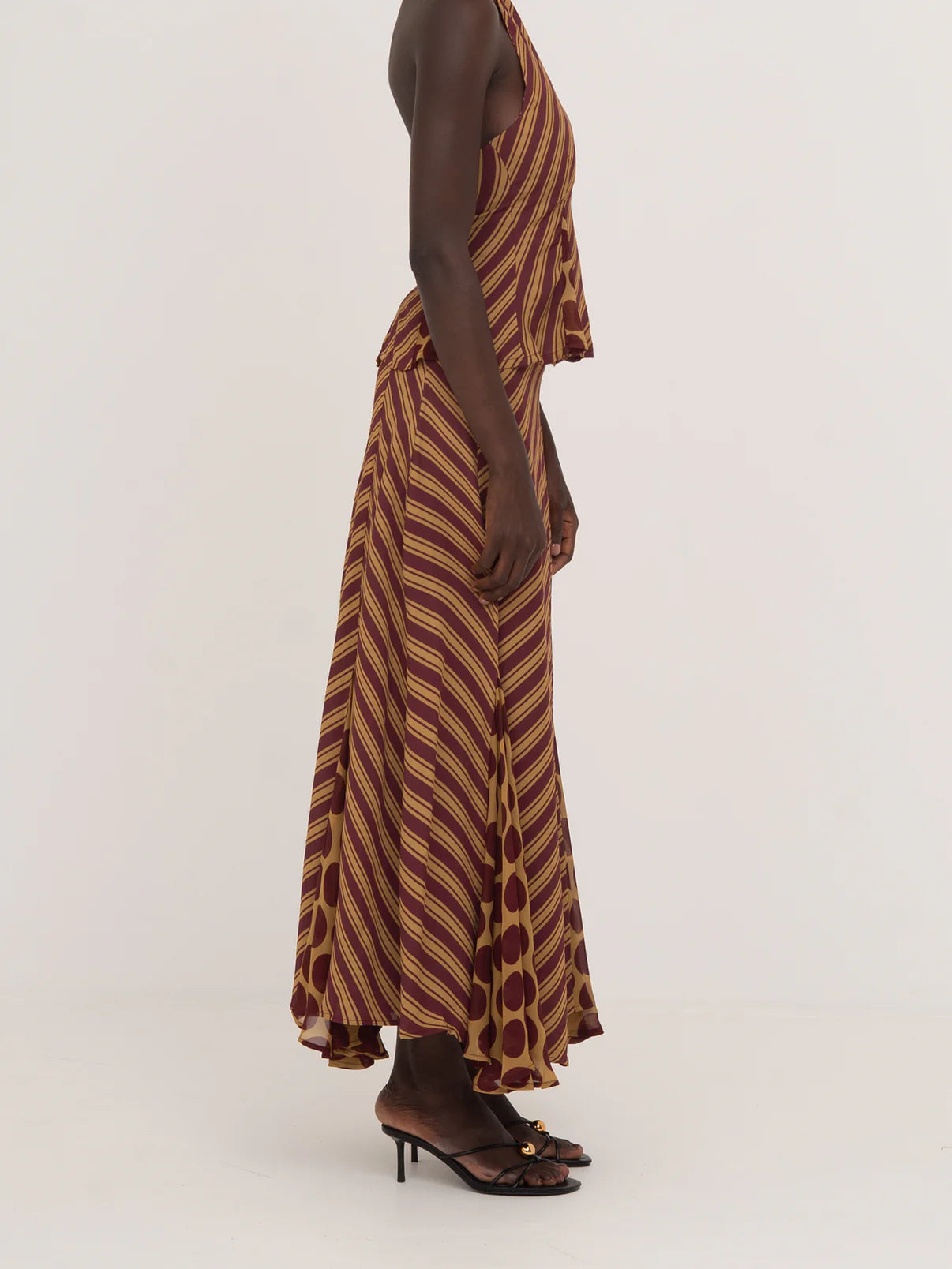 IMMORTAL BURGUNDY AND YELLOW CONTRAST STRIPES AND POLKA DOT OCCASION SKIRT