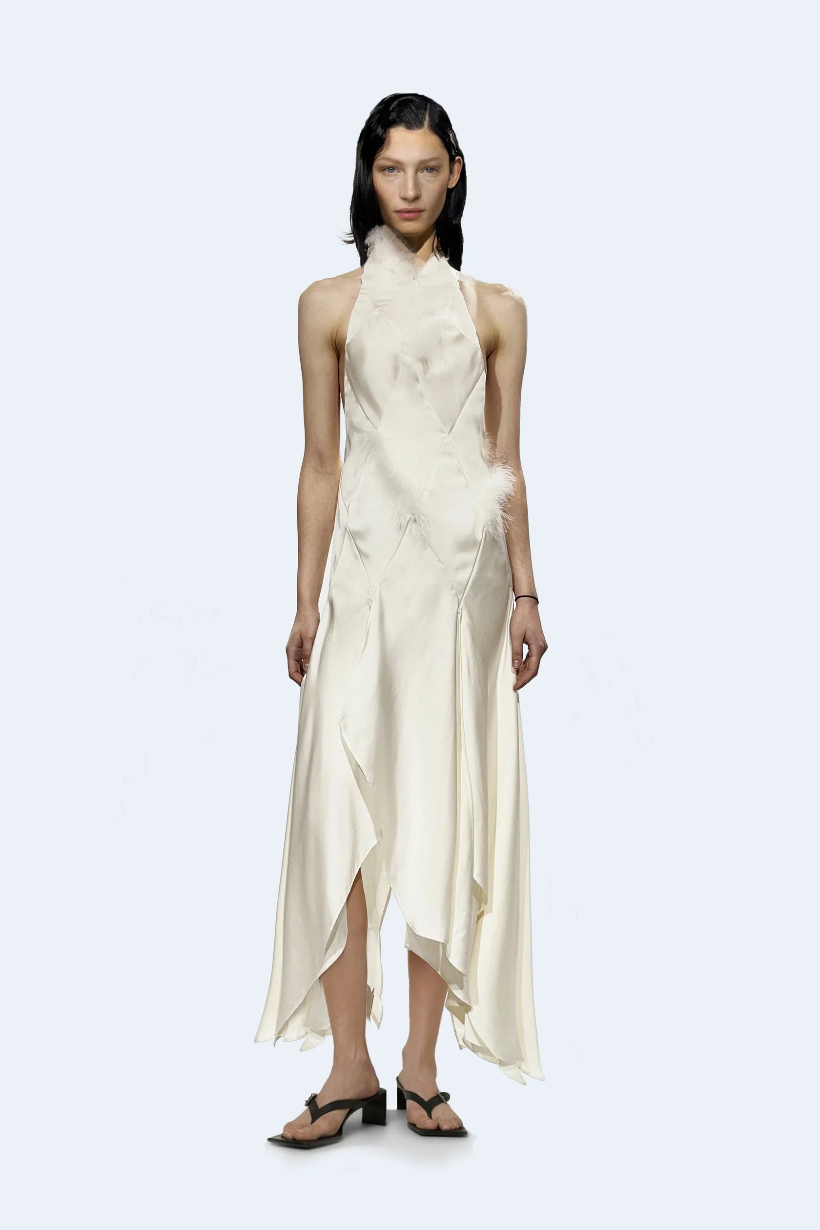 White Satin Midi Dress with feathers