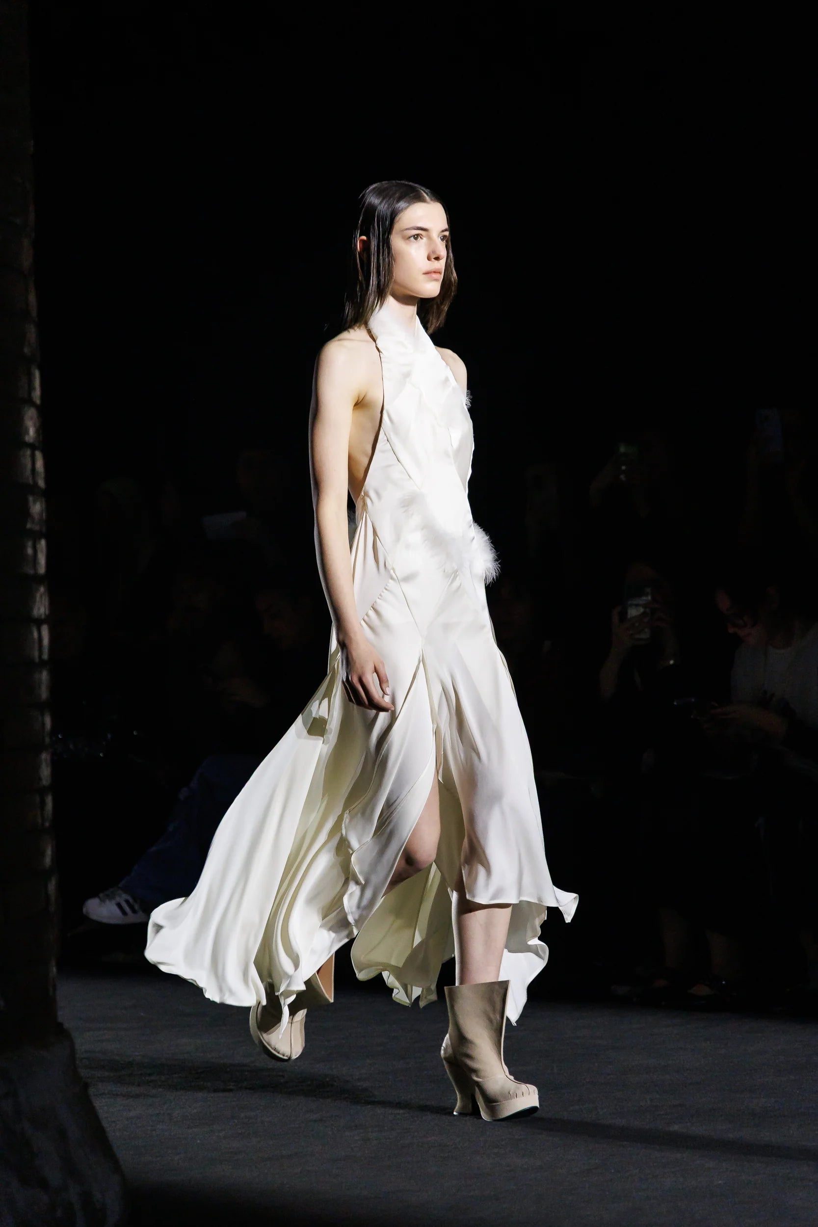 White Satin Midi Dress with feathers