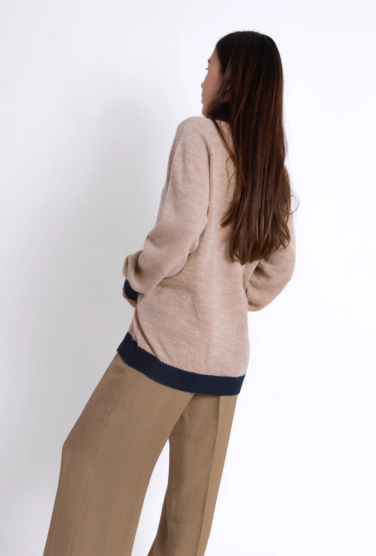 Jersey Turtle Neck Off Camel & Navy