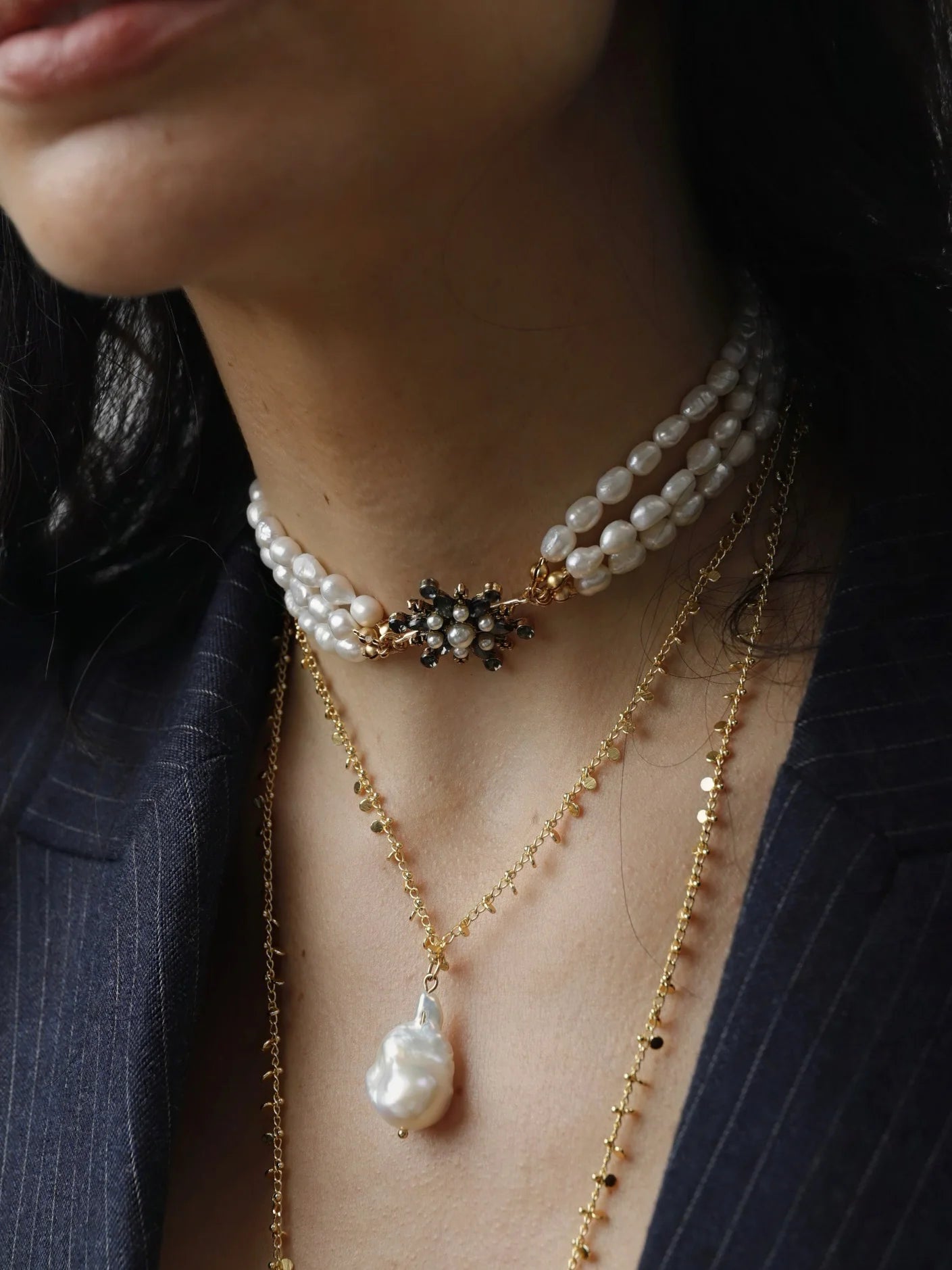 Choker Raíces Triplete de Perlas & Estrella  Oscuro