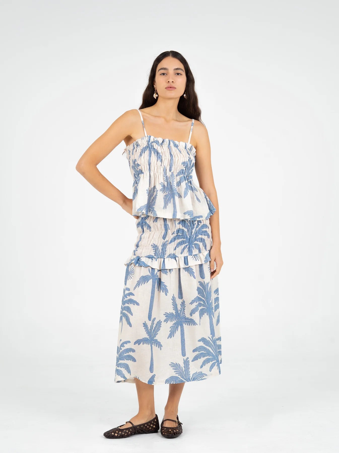 ELIOS PALM-PRINTED SMOCKED LINEN MIDI SKIRT