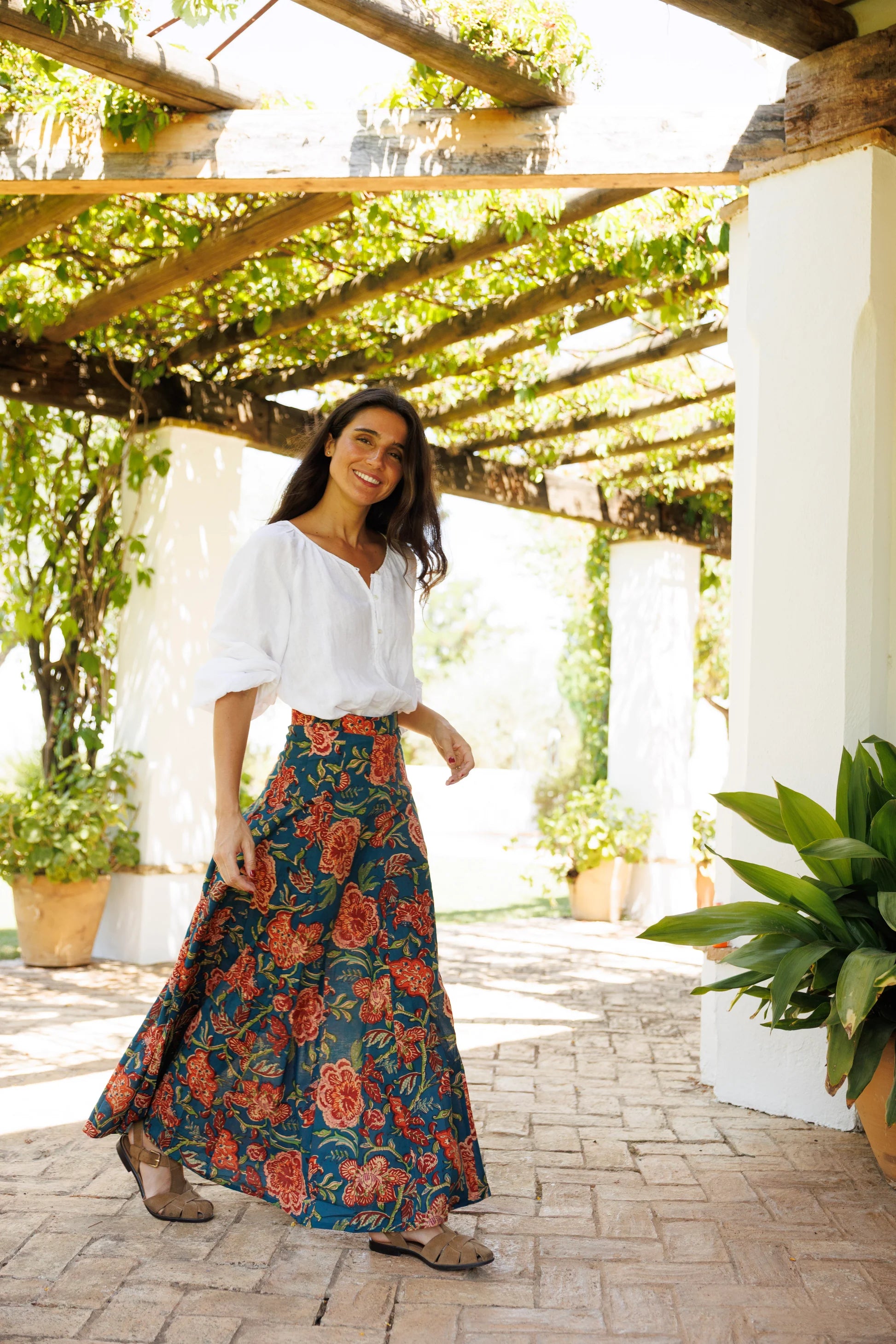 Falda Estampada Algodón Azul Petróleo