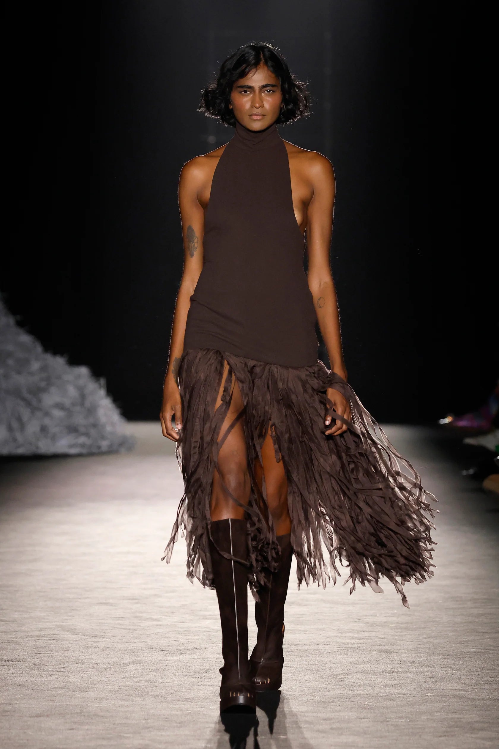 Brown Halter Dress With Silk Fringes