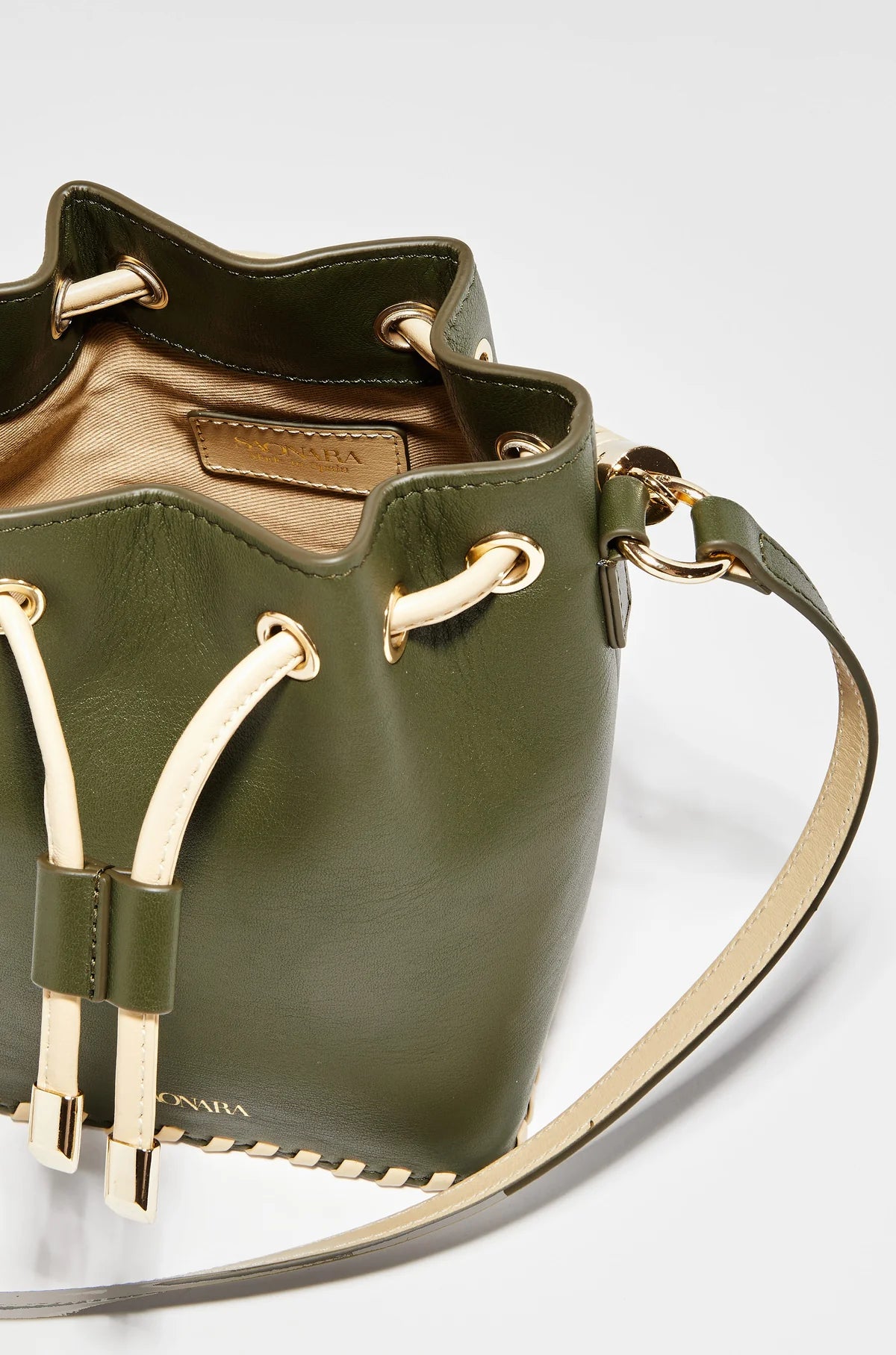 Mini Bucket Bag Army / Cream Piel