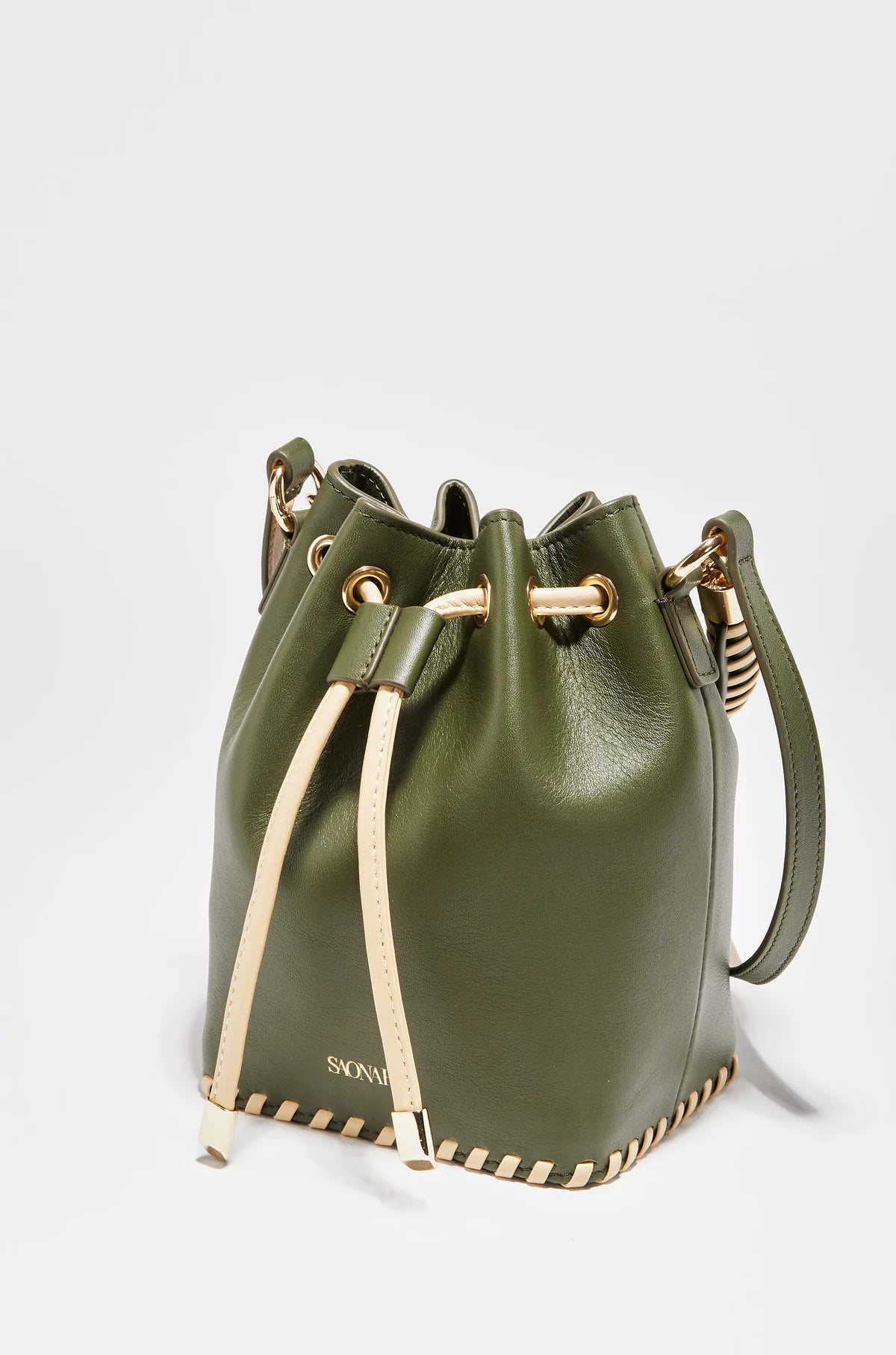 Mini Bucket Bag Army / Cream Piel