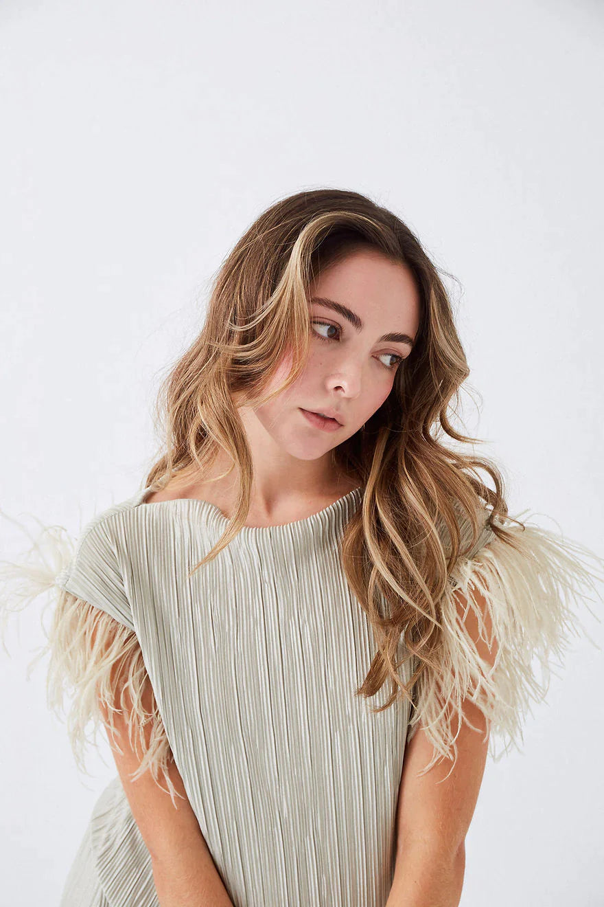 Pleated Dress With Feathers